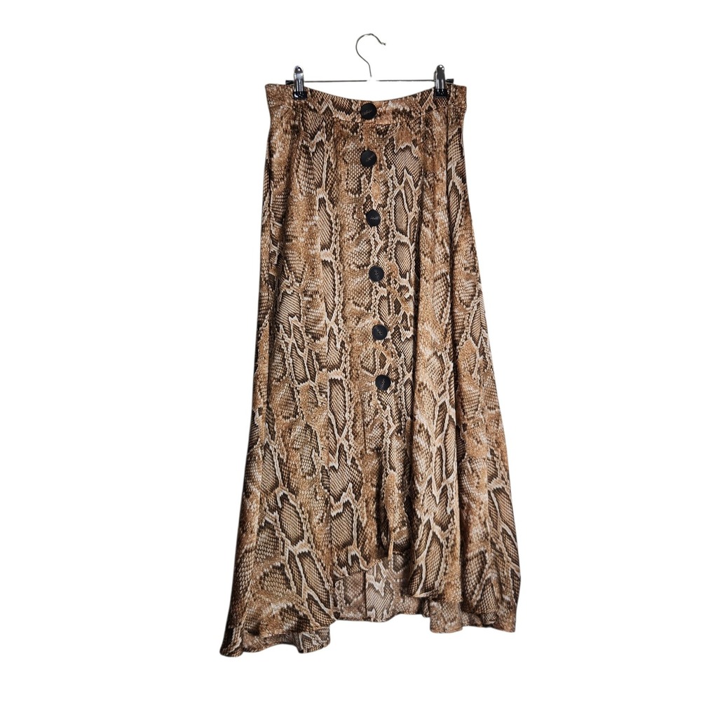 Zara Brown Snakeskin Print Button Front Midi Skirt Womens M Animal Print